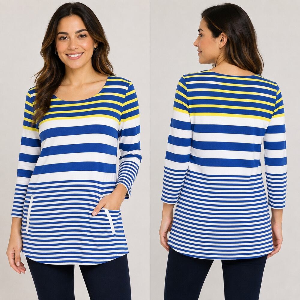 Hello Saturday Talbots Striped Tunic Top Blue White Pockets 3/4 Sleeve Coastal
